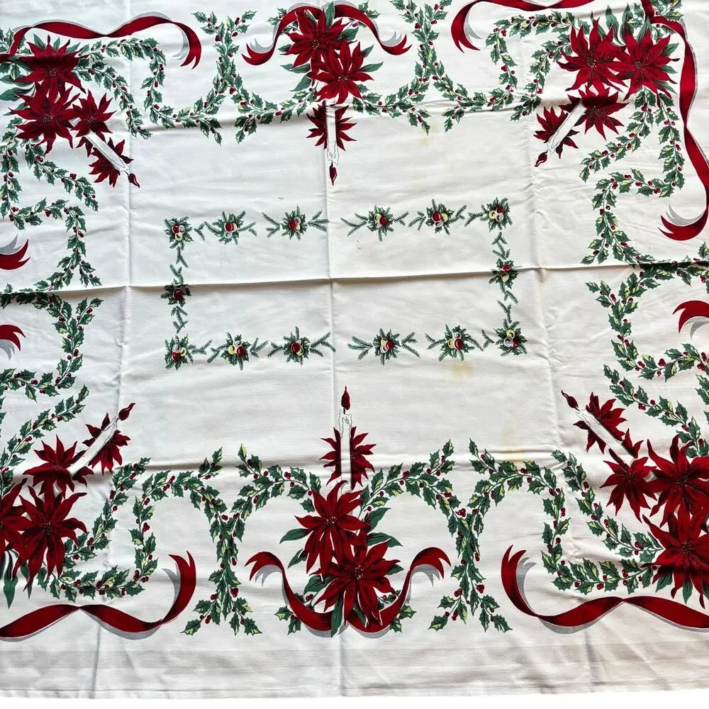 Vintage Christmas Tablecloth printed cotton white red poinsettias holly FLAWS